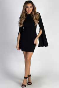 "Feelings To The Side" Black Shimmer Split Bell Sleeve Mock Neck Dress image