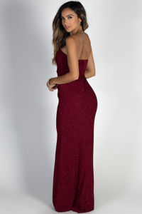 "Wish Come True" Burgundy Glitter Strapless Plunging Sweetheart Maxi Gown image