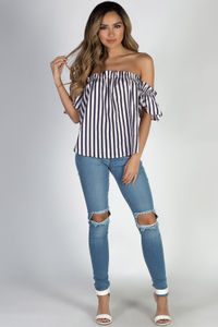 "Summer Sun" Navy and Red Off Shoulder Striped Top image
