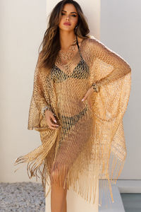 Luster Metallic Gold Knit Crochet Fringed Crop Poncho image