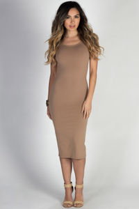 "One & Only" Taupe Scoop Back Short Sleeve Midi Dress image