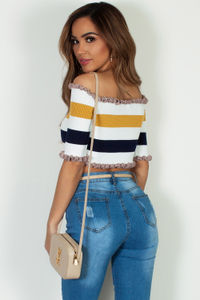 "Short And Sweet" Mustard And Navy Striped Knit Crop Top image