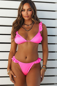 Neon Pink Brazilian Thong Banded Ruffle Bottom image