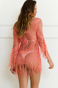 Wanderlust Weave Coral Long Sleeve Pullover Crochet Cover Up image