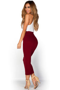 Burgundy Red Cozy Knit High Waisted Midi Pencil Skirt image