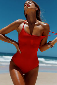 Marilyn Red Back Lace Up One Piece Swimsuit - DOLL Wholesale