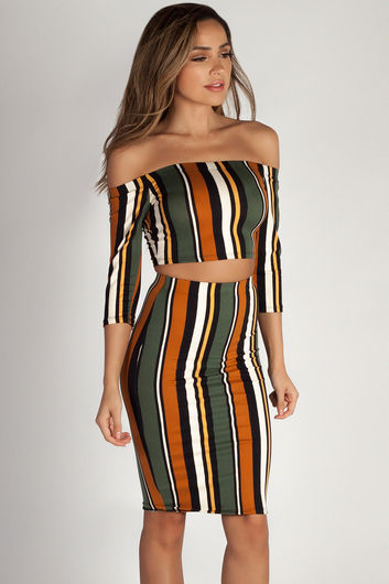 "Both Eyes Closed" Green Multi Color Striped Crop Top And Skirt Set