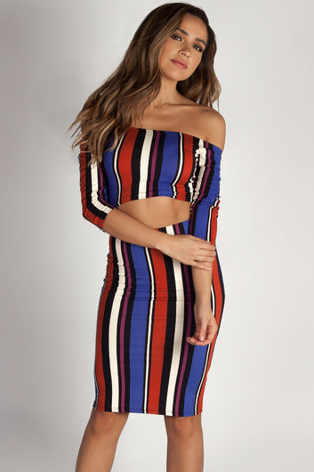 "Both Eyes Closed" Blue Multi Color Striped Crop Top And Skirt Set