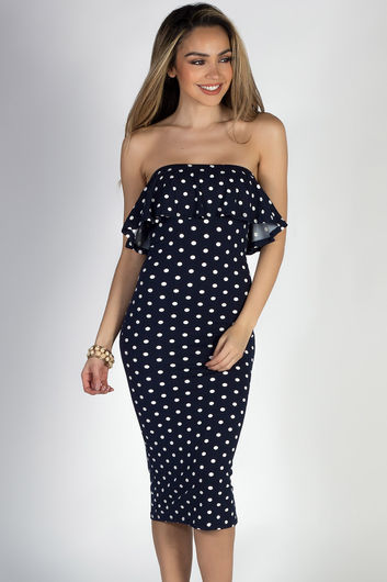 "Delightful Dots" Navy Polka Dot Strapless Ruffled Midi Dress
