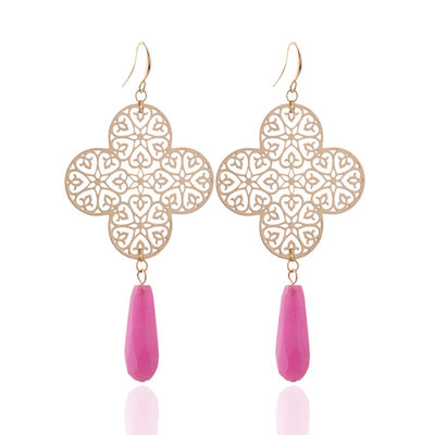 Lamai Pink Tassel Gold Clover Earrings