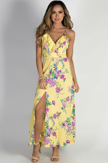 "Paradise Perfection" Yellow Floral Racer Back Maxi Dress