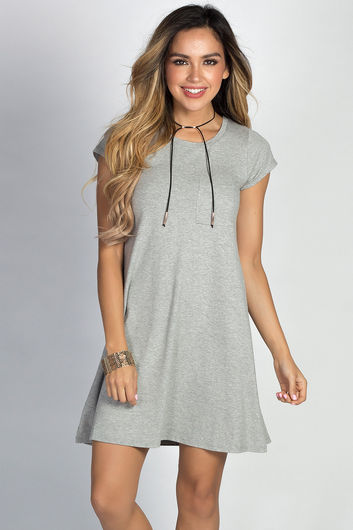 "Devin" Heather Gray Short Sleeve Pocket Tee Trapeze T Shirt Dress