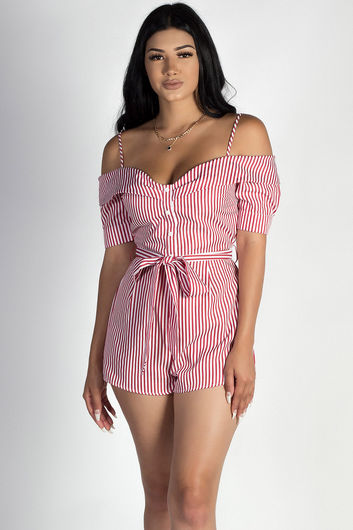 "Never Be The Same" Red Striped Off Shoulder Romper