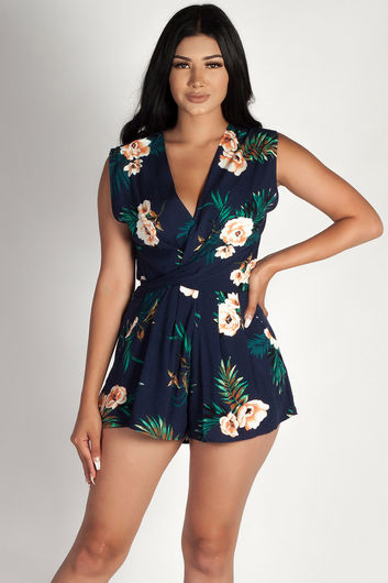 "Grey Skies To Blue" Navy Challi Floral Twist Front Romper