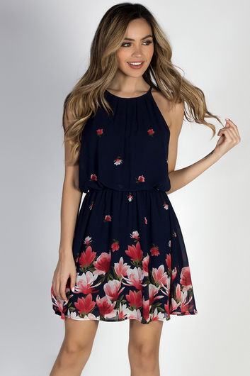 "Head in the Clouds" Navy Floral Short Chiffon Dress