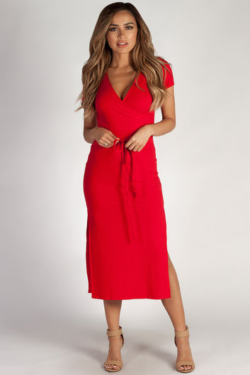 "Next To You" Pure Red Ribbed Wrap Dress