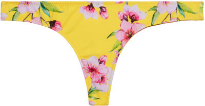 Yellow Cherry Blossom Print Banded Brazilian Thong Bikini Bottoms