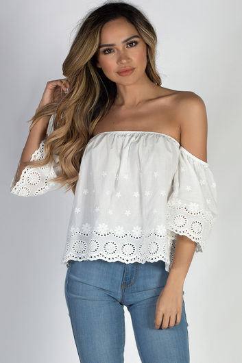  "Sun and Sand" White Off Shoulder Crochet Crop Top