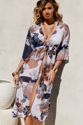 Navy Floral Beach Cover Up w/ Drawstring Waist