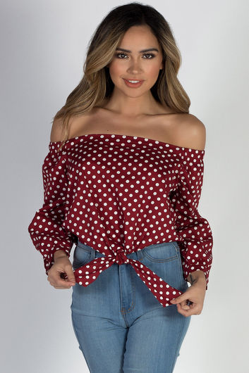  "Spirited Life" Off Shoulder Cranberry & White Polka Dot Long Sleeve Crop Top