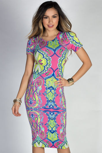 "Jamie" Pink & Lime Moroccan Print Short Sleeve Bodycon T Shirt Midi Dress