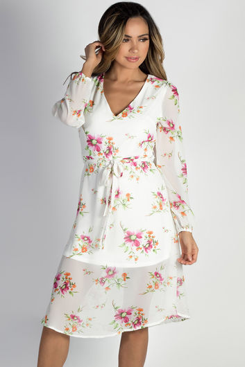 "Romantic at Heart" White Long Sleeve Floral Dress 