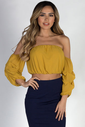 "Sexy Thing" Mustard Off Shoulder Chiffon Top with Ruched Sleeves