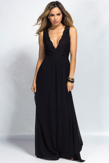 "Narissa" Black Lace & Chiffon Sleeveless Deep V Goddess Maxi Gown