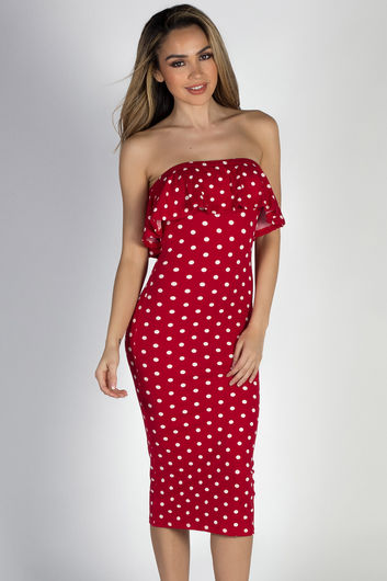 "Delightful Dots" Red Polka Dot Strapless Ruffled Midi Dress
