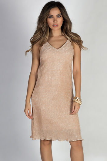 "Candlelight" Taupe Metallic Strappy Open Back Cocktail Dress