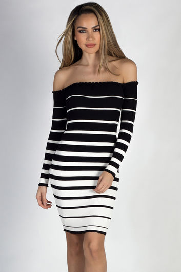"Happy Together" Black & White Striped Off Shoulder Sweater Dress
