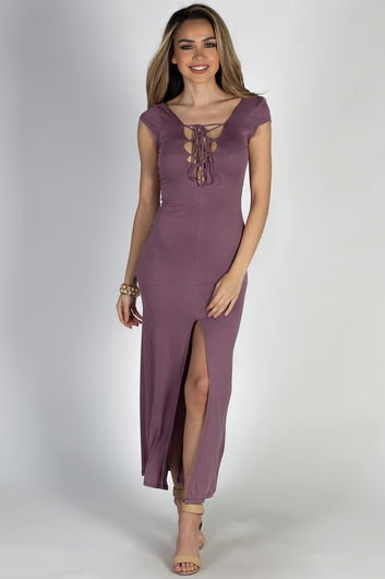 "Wait For It" Dusty Plum Short Sleeve Lace Up V Neck Maxi Dress