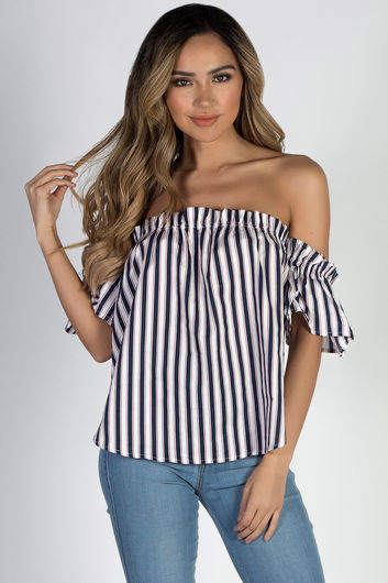 "Summer Sun" Navy and Red Off Shoulder Striped Top