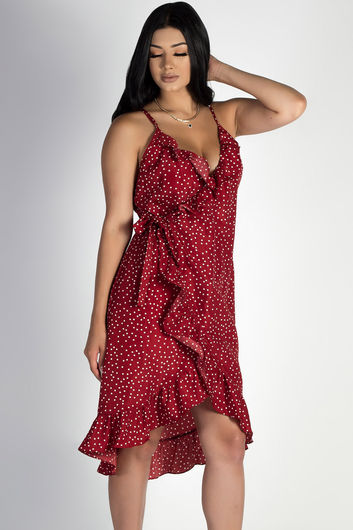 "Enough Said" Red Polka Dot Wrap Ruffled Dress