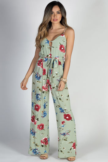 "Walk in the Park" Mint Floral Print Strappy Belted Wide Leg Jumpsuit