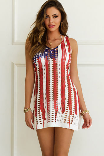 Lakeside Patriotic Mini Crochet Beach Cover Up Dress