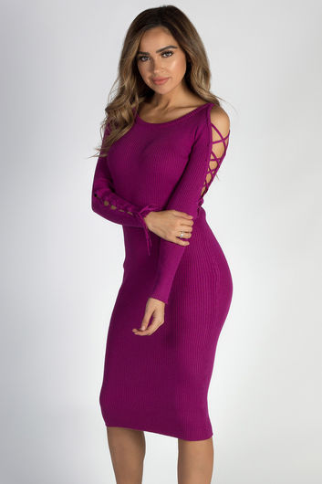 "Holding On" Plum Lace Up Sleeve Sweater Dress