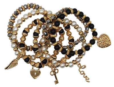 Black & Gold Pearl Heart Lock Bracelet Set