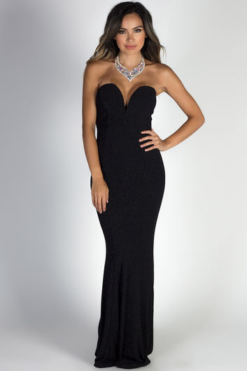 "Wish Come True" Black Glitter Strapless Plunging Sweetheart Maxi Gown