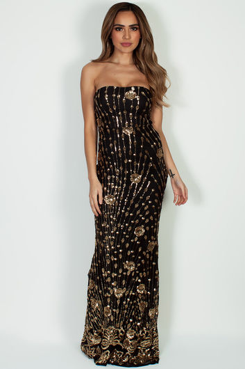 "Vivacious Vibes" Black & Gold Sequined Maxi Gown