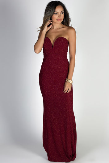 "Wish Come True" Burgundy Glitter Strapless Plunging Sweetheart Maxi Gown
