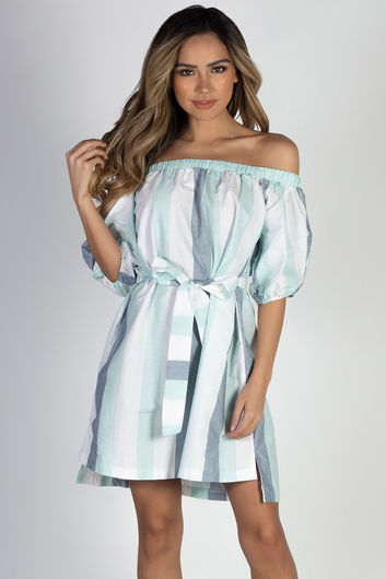 "Happy" Sky Blue Stripe Off Shoulder Dress