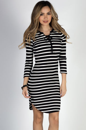 "Kind Heart" Black & White Striped Lace Up Long Sleeve Mini Dress
