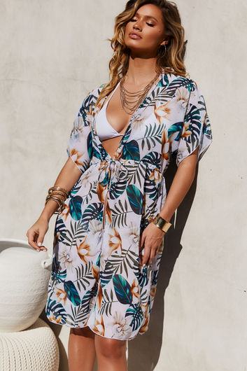 White Tropical Beach Cover Up w/ Drawstring Waist