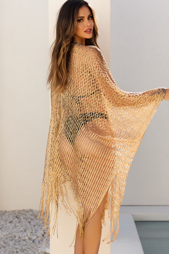Luster Metallic Gold Knit Crochet Fringed Crop Poncho image