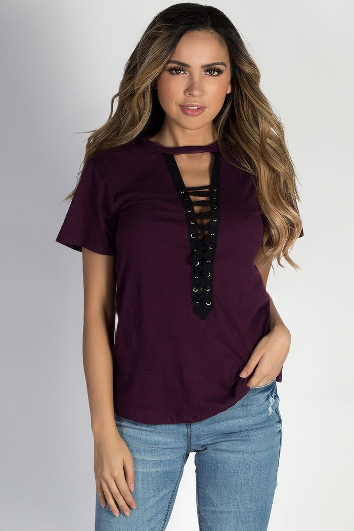 burgundy lace up top