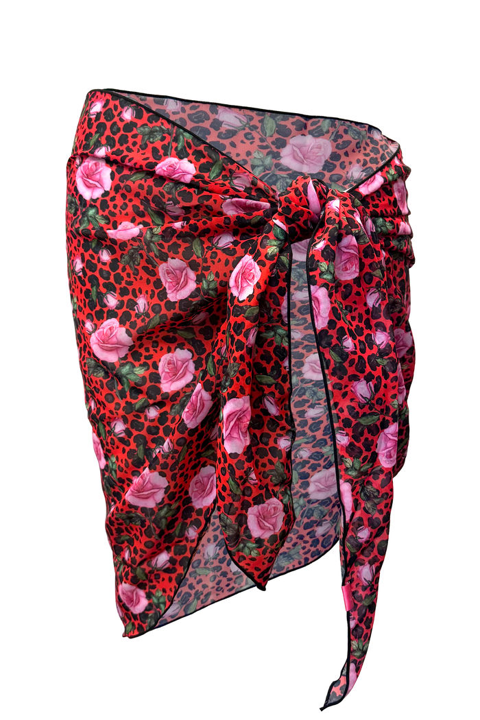 Red Rose Leopard Sheer Chiffon Sarong Cover Up image