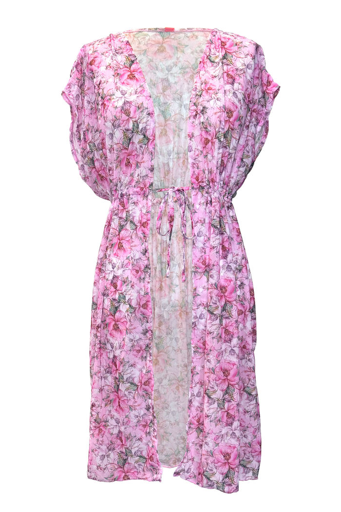 Pink Blossom Open Mesh Cover Up w/ Drawstring Waist image
