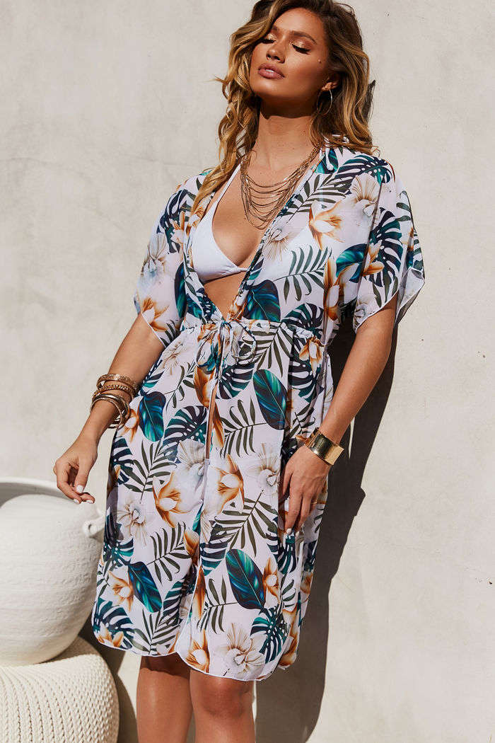 White Tropical Beach Cover Up w/ Drawstring Waist image