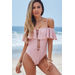 Poppy Pink Off Shoulder Lace Up Ruffle Swimsuit thumbnail